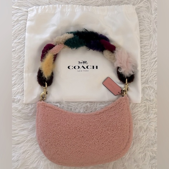 Pink Mira Coach Shearling Shoulder Bag with Multicolor Handle - Picture 1 of 12